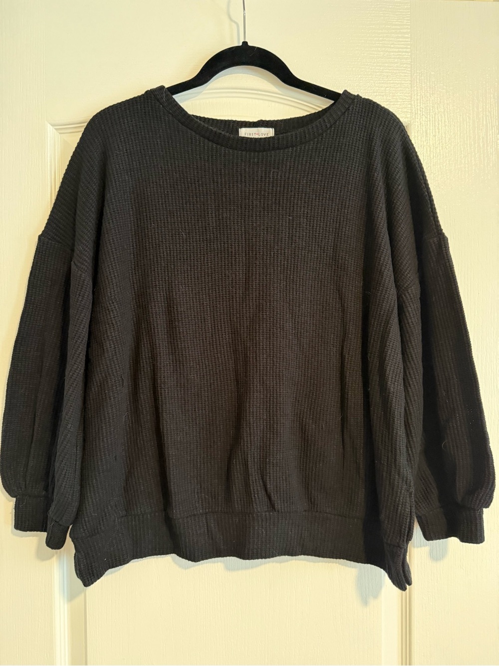 First Love Black Waffle-Knit Crewneck Sweater
